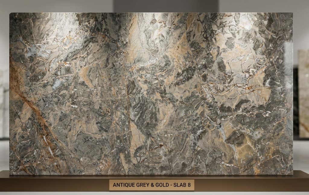 Antique Grey & Gold slab by Kristone Global LLP