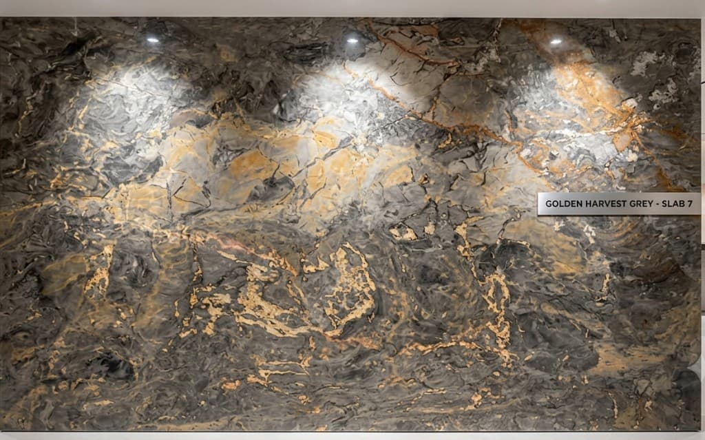 Golden Harvest Grey stone slab with golden amber veining — Kristone Global LLP